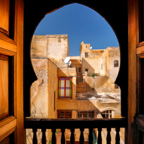 Balcony,View,Of,Arab,Building,And,Window.,Rustic,Balcony,Doors